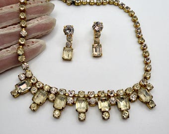Conjunto de collar y pendientes vintage checos con pedrería / Gargantilla de cristal tono dorado / Joyería de estilo Art Déco