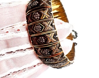 Vintage Spanish damascene k gold and silver bracelet, with golden safe chain,1960s