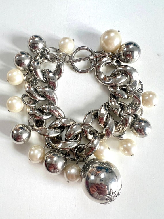 Vintage white faux pearl and silver ball cluster … - image 1