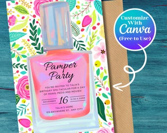 May include: A pink and white nail polish bottle with a floral background. The text "Pamper Party" is written on the bottle. The text "You're invited to Talia's Birthday Spa-tacular for a day of manis, pedis and movies!" is written below the bottle. The date "November 16" and the time "12.30-5.30PM" are written below the text. The address "Talia's Home, 123 Anywhere St., Any City" is written below the time.