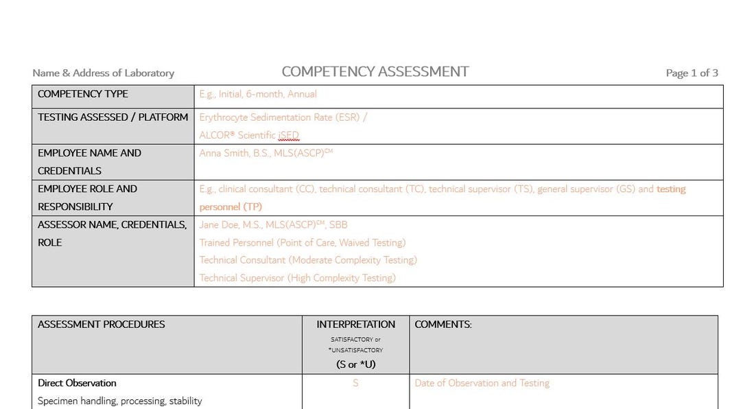 Lab Tech Laboratory Competency Assessment Template Editable Word Doc - Etsy