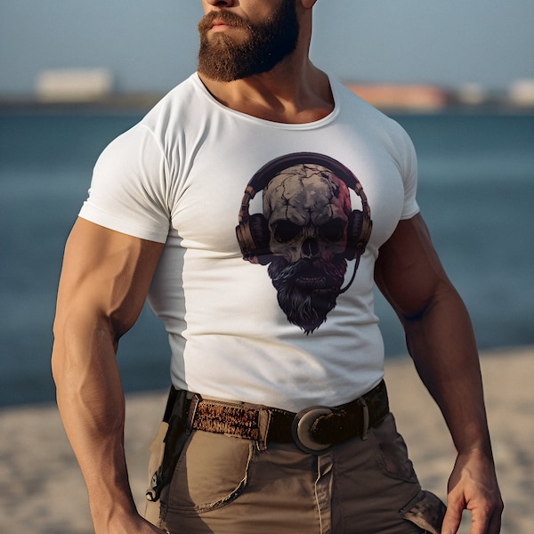 Gamer Totenschädel T-Shirt - Skull mit Vollbart und Headset - Gaming Geschenk