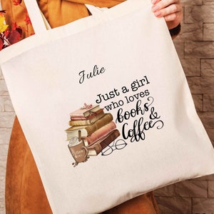 Custom Name Book Lovers Tote Bags Librarian Gifts &#39;Just a girl who loves books & coffee&#39; Tote Bag Library Book Bag Teacher Shopping Bag