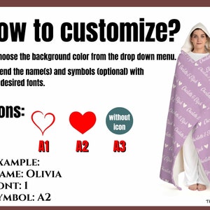 K&ouml;nnte beinhalten: Anleitung zum Anpassen einer personalisierten Decke mit einer Auswahl an Hintergrundfarben, Namen und Symbolen. Das Beispiel zeigt eine lilafarbene Decke mit wei&szlig;em Text und Herzen. Symbole: A1, A2, A3. Beispiel: Name: Olivia, Schriftart: 1, Symbol: A2.