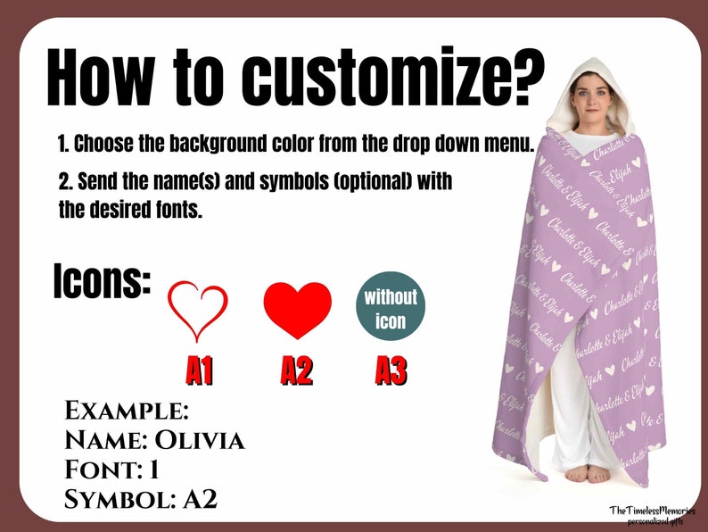 K&ouml;nnte beinhalten: Anleitung zum Anpassen einer personalisierten Decke mit einer Auswahl an Hintergrundfarben, Namen und Symbolen. Das Beispiel zeigt eine lilafarbene Decke mit wei&szlig;em Text und Herzen. Symbole: A1, A2, A3. Beispiel: Name: Olivia, Schriftart: 1, Symbol: A2.