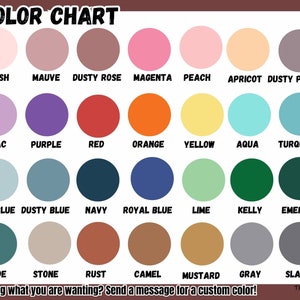 K&ouml;nnte beinhalten: Farbkarte mit 24 verschiedenen Farbmustern. Die Farben sind mit Namen wie Blush, Mauve, Dusty Rose, Magenta, Peach, Apricot, Dusty Purple, Lilac, Purple, Red, Orange, Yellow, Aqua, Turquoise, Light Blue, Dusty Blue, Navy, Royal Blue, Lime, Kelly, Emerald, Jade, Stone, Rust, Camel, Mustard, Grey und Slate beschriftet.