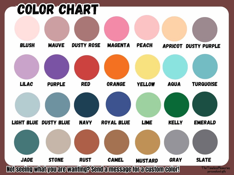 K&ouml;nnte beinhalten: Farbkarte mit 24 verschiedenen Farbmustern. Die Farben sind mit Namen wie Blush, Mauve, Dusty Rose, Magenta, Peach, Apricot, Dusty Purple, Lilac, Purple, Red, Orange, Yellow, Aqua, Turquoise, Light Blue, Dusty Blue, Navy, Royal Blue, Lime, Kelly, Emerald, Jade, Stone, Rust, Camel, Mustard, Grey und Slate beschriftet.