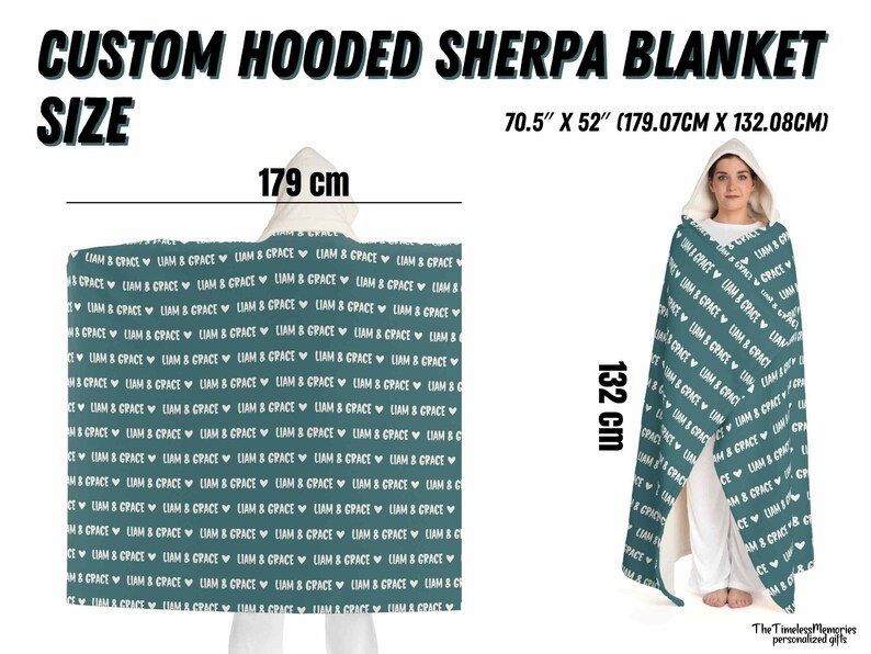 K&ouml;nnte beinhalten: Eine tealblaue Sherpa-Decke mit Kapuze, auf der der Text "Liam & Grace" in Wei&szlig; auf dem Stoff wiederholt wird. Die Decke ist 70,5 Zoll mal 52 Zoll (179,07 cm mal 132,08 cm) gro&szlig;.