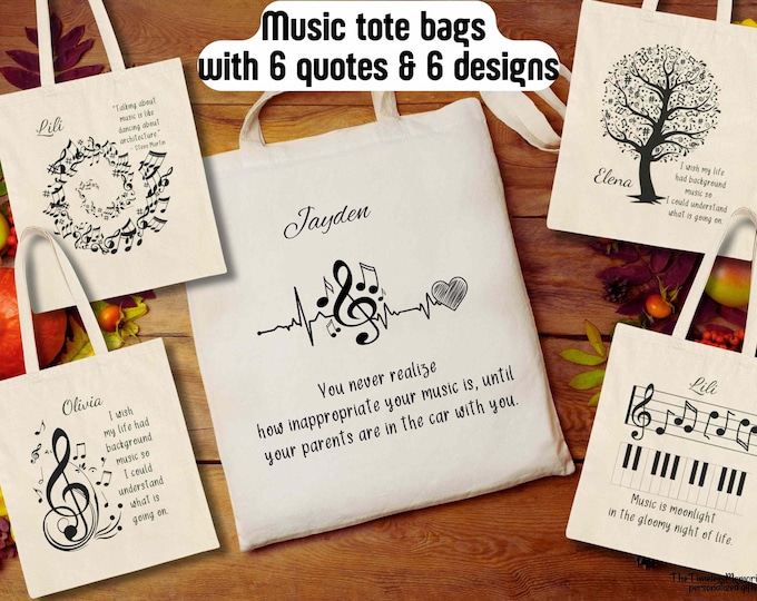 Custom Music Canvas Tote Bag 6 Designs with Names Music Tote Bag Music Gifts Personalized Piano Lesson Bag Personalized Music Gifts Cello