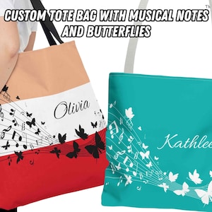 Personalized Musical Notes with Butterflies Musician Tote Bag Music Gift Bag Musical Instrument Gift Music Lesson Music Gift Musician Gift