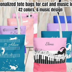 Personalized Cat Music Tote Bag Gift for Piano Player Music Gift Custom Musician Gift Pianist Music Teacher Gift for Choir Member