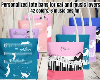 Personalized Cat Music Tote Bag Gift for Piano Player Music Gift Custom Musician Gift Pianist Music Teacher Gift for Choir Member