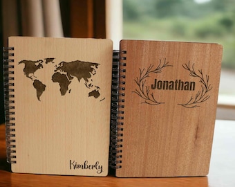 Customized Wood Diary with Name Personalized Wood Journal Handmade Personalized Notebook, Personalized Diary Travel Size Spiral Notebook