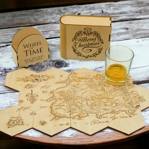 Personalized The Wheel of Time Map Coaster Set Fantasy Wood Engraved Map Set Name & Date Gift for Birthday Christmas Wooden Personal Gift