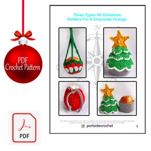 May include: A PDF crochet pattern for three different Christmas orange holders. The holders are a hanging basket, a pouch, and a Christmas tree. The pattern includes instructions for crocheting each holder.