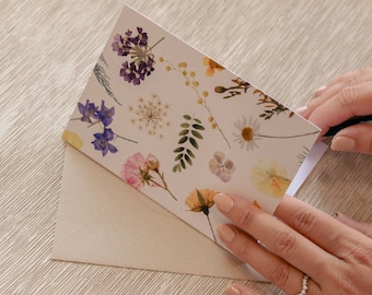 Homemade Pressed Flower Card, Floral Greeting Notecard With Envelope