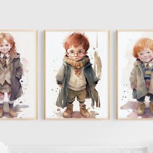 Ensemble de 3 fichiers numériques assistant aquarelle, personnage HP, Harry, Ron et Hormione, kidsroom, aquarelle mignonne, affiche numérique