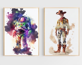 Toy Story Poster Set, Woody and Buzz Lightyear, acuarela, impresión digital, descarga, Pixar Character, wallart