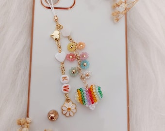 Handmade Rainbow Heart Phone Charm, Sparkly Phone Charm, Cute Phone Accesories, Jewerly for Phone, Mothers day gift, New Year Gift İdea