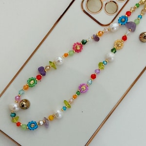 Handmade Gemstone Phone Charm, Red and Blue Daisy Chain Phone Strap