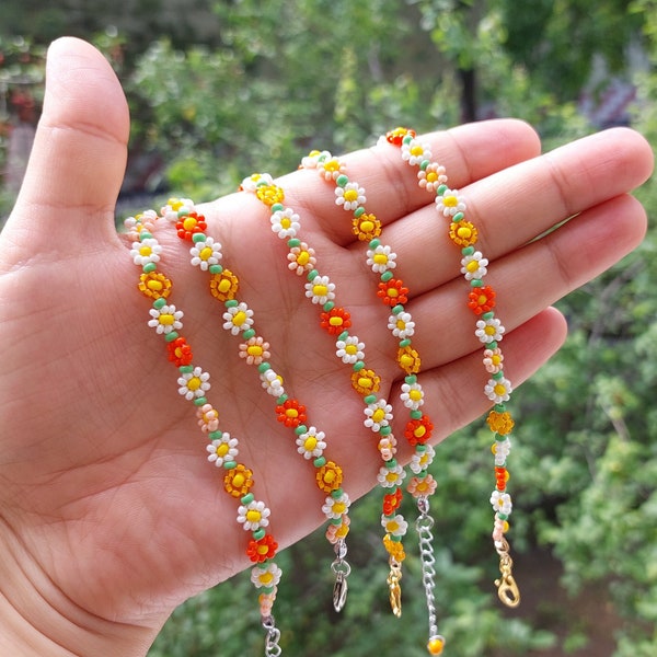 Pulsera de flores de margarita, pulseras de cadena de margaritas hechas a mano, pulsera de margaritas con cuentas, pulseras de regalo, pulsera de cuentas de semillas