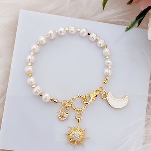 Freshwater Pearl Charm Bracelet: Gold Plated Beaded Bracelet