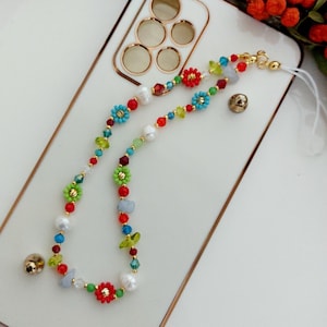 Handmade Gemstone Phone Charm, Red and Blue Daisy Chain Phone Strap
