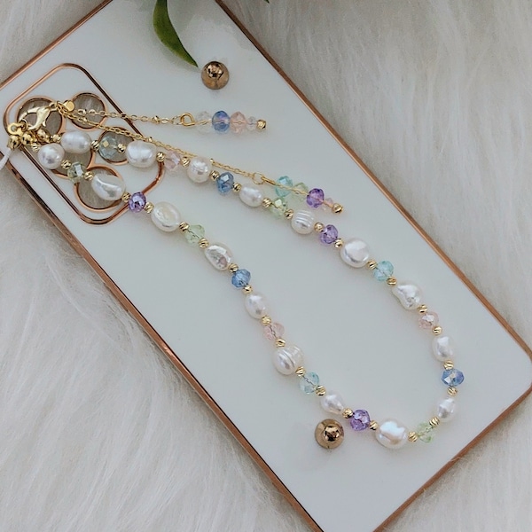 High quality fresh water pearls phone strap,  Pearl Phone Strap, Crystal Bead Phone Charm, Gift for girl friend, Valentine Day's Gift