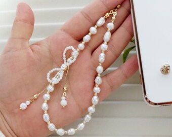 High quality fresh water pearl phone strap with bow, pearl phone charm, New Year gift for her, Valentine's day gift, Mother's Day Gift