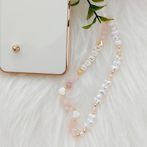 Rose Quartz Phone Charm: Pearl Beaded Phone Strap, Healing Crystal