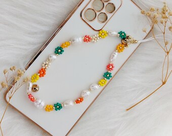 Personalized Pearl phone strap, Daisy phone strap, Pearl flower phone strap, Colorful phone strap, Lucky Phone Strap, Mother's Day Gift