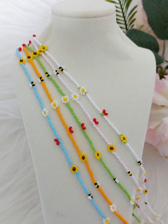 Seed Bead Daisy Chain Necklace: Summer Sunflower Jewelry, Handmade