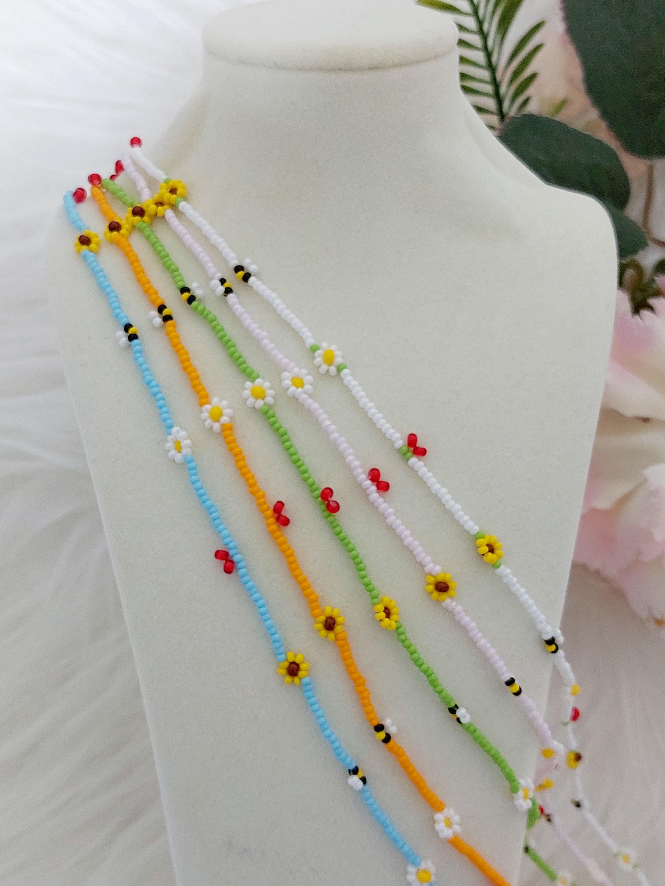 Seed Bead Daisy Chain Necklace: Summer Sunflower Jewelry, Handmade