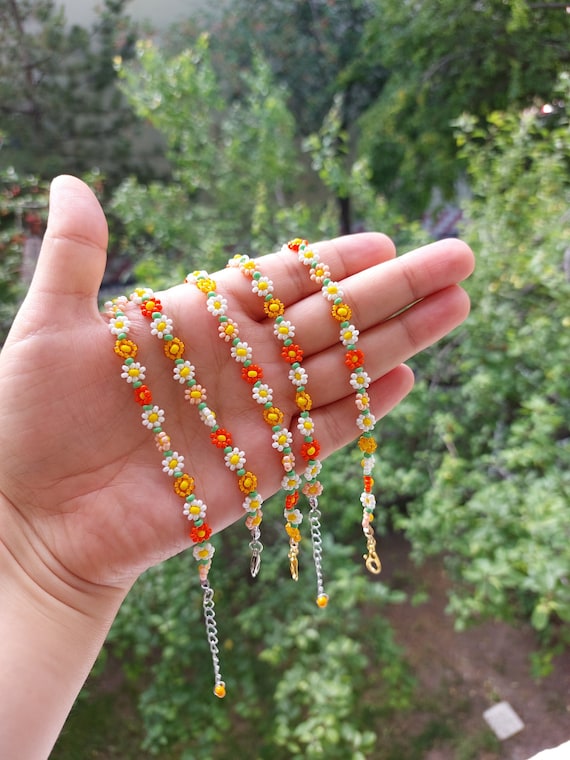 Beaded Daisy Flower Bracelet (rainbow - blue, red, orange, yellow, aqua,  gold)