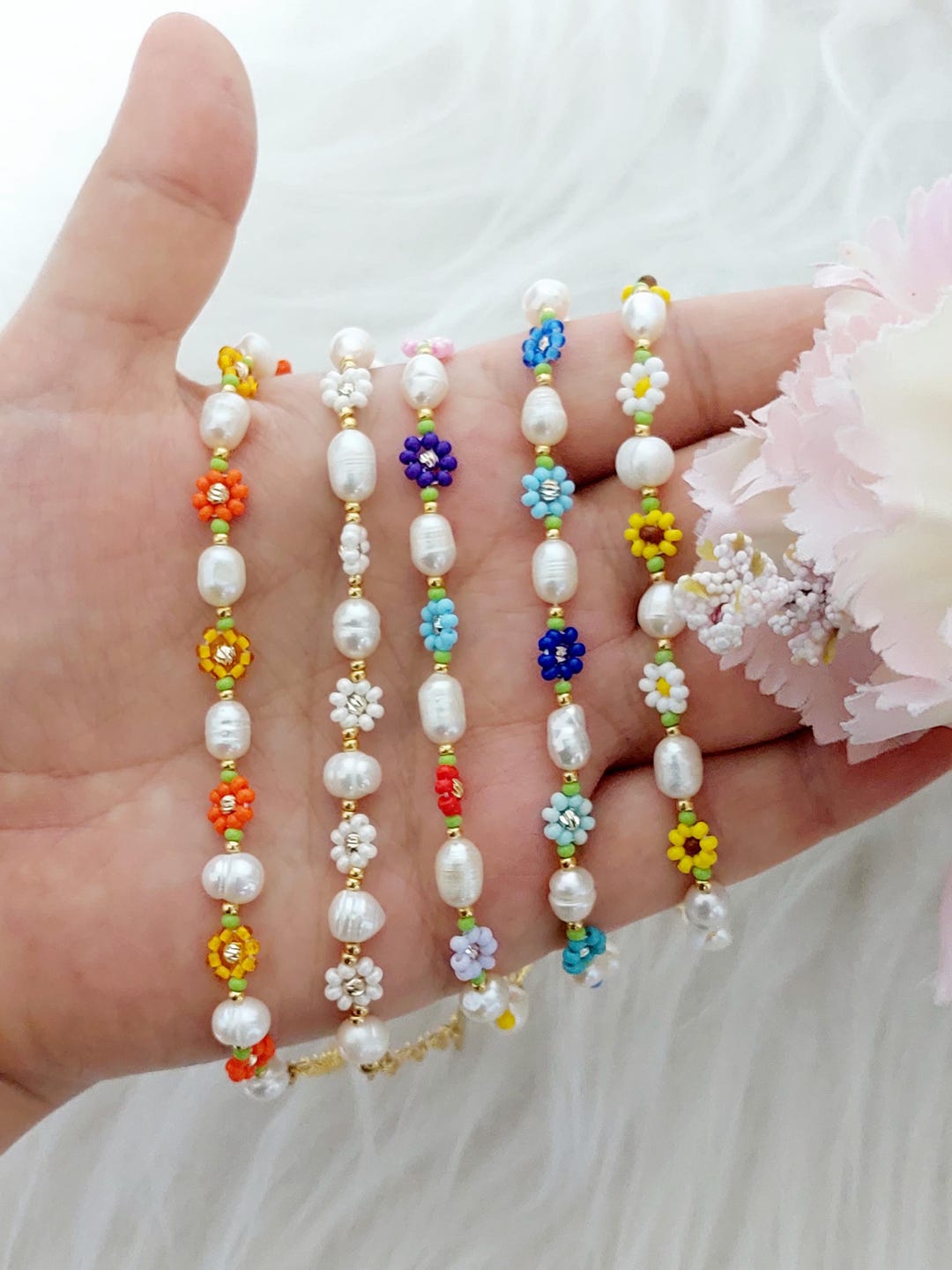 Pearl Bracelet, Handmade Seed Bead Daisy Bracelet: Stainless Steel