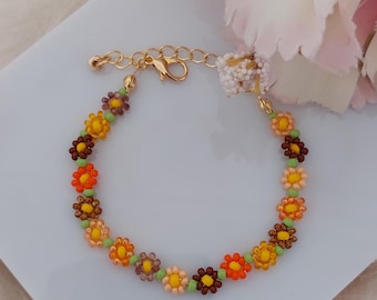 Handmade Daisy Chain Bracelet: Seed Bead Flower Jewelry, Autumn Bracelet