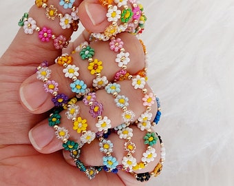Daisy pearl ring, White / gold / multicolored and different style pearl jewelry, Miyuki glass beads ring