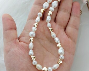 Freshwater Pearl Phone Charm Strap: Enamel Hearts, Gold Plated,