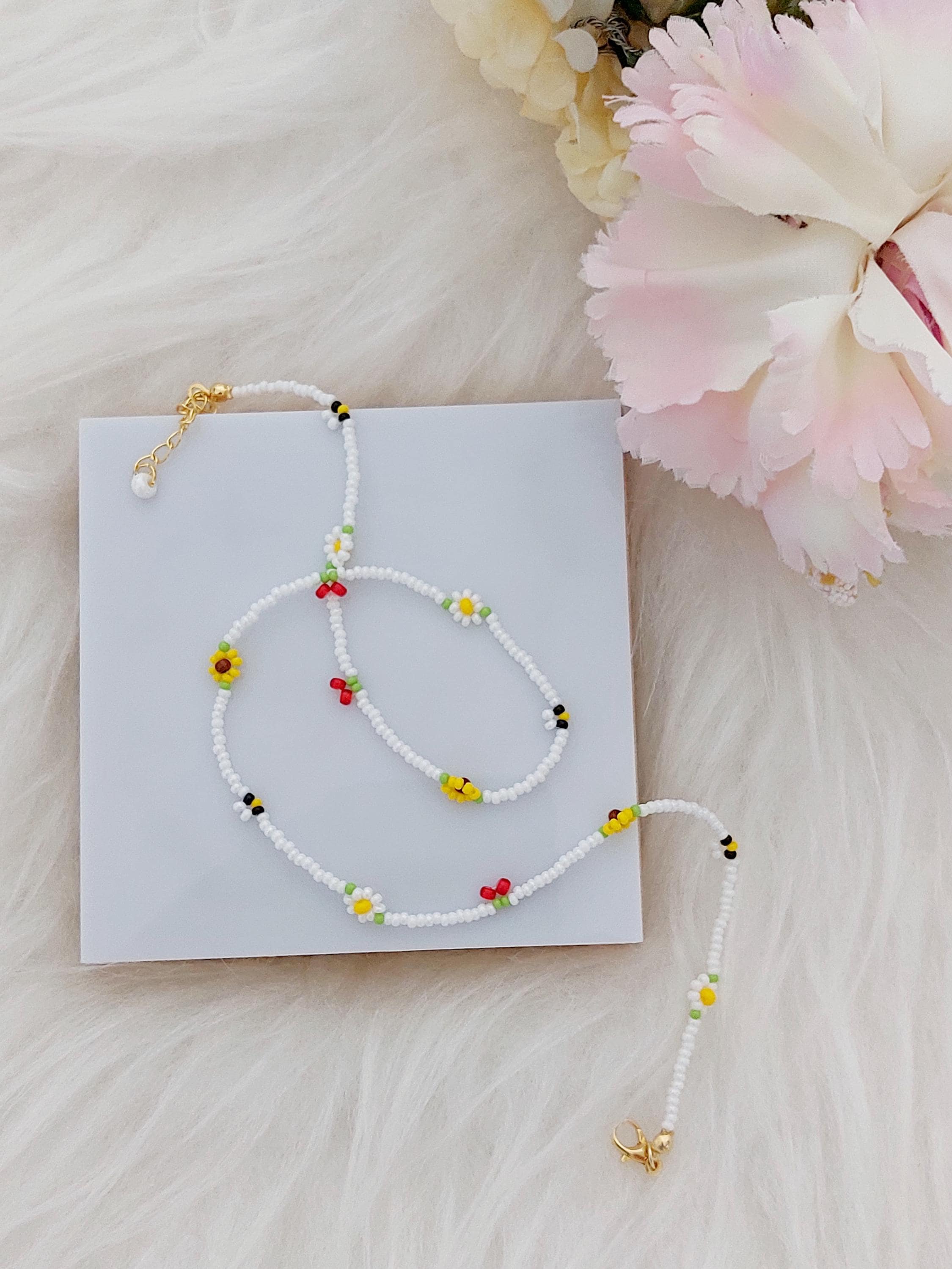 Seed Bead Daisy Chain Necklace: Summer Sunflower Jewelry, Handmade