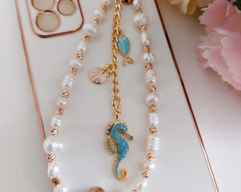 Freshwater Pearl Phone Charm Strap, Gold Plated Chain, Zircon Accent