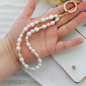 Sangle de téléphone en perles d'eau douce de haute qualité, sangle de téléphone en perles, cadeau pour elle, cadeau de fête des mères