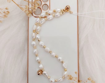 Phone chain with freshwater pearls, White and gold phone strap, Pearl phone strap, Best gift, Mother's day gift, Valentine's day gift