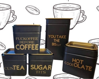 Novelty tea, coffee, sugar canisters with optional Mugs