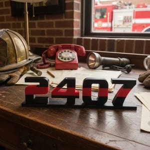 Custom 3D Printed Thin Red Line Badge Number – Firefighter Gift