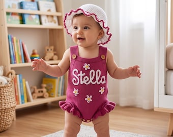 Personalized Baby Romper Set, Custom Knitted Infant Clothes, Hand Embroidered Baby Girl Boy