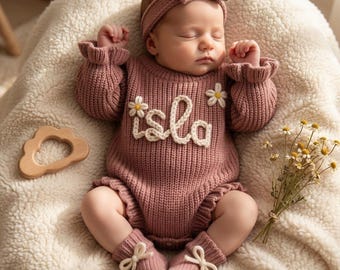 名入れベビーロンパースセット、新生児用ベビー服（女の子）、刺繍入りベビーロンパース