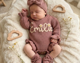 Personalized Baby Romper Set, Embroidered Baby Onesie, Newborn Outfit Baby Girl