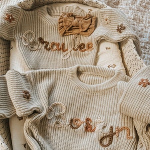 Baby Sweater with Name, Hand Embroidered Name & Monogram, Customized Baby Girl&#39;s Sweater, A Unique Gift Newborn from Auntie