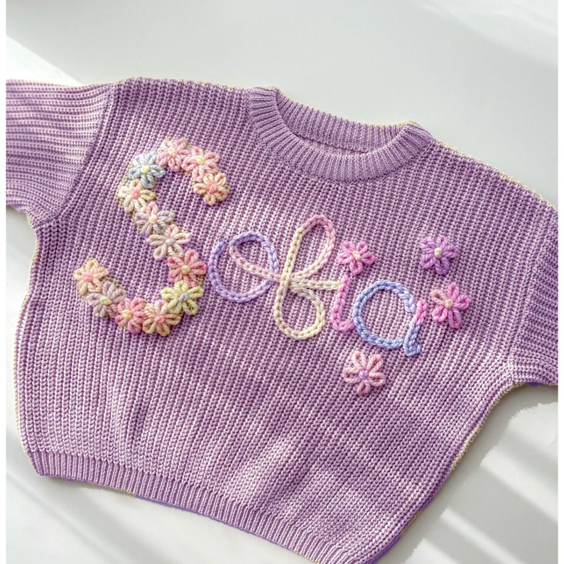 Personalized Baby Sweater, Hand Embroidered Name & Monogram, Customized Baby Girl's Sweater, A Unique Gift Newborn from Auntie zdjęcie 3