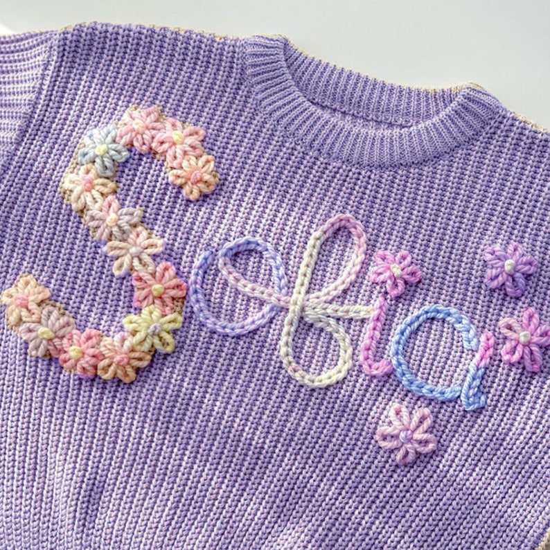 Personalized Baby Sweater, Hand Embroidered Name & Monogram, Customized Baby Girl's Sweater, A Unique Gift Newborn from Auntie image 4